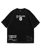 Black t-shirt with white text and graphics on a white background