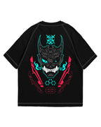Black t-shirt with a graphic design of a dragon-like creature with glowing eyes on a white background