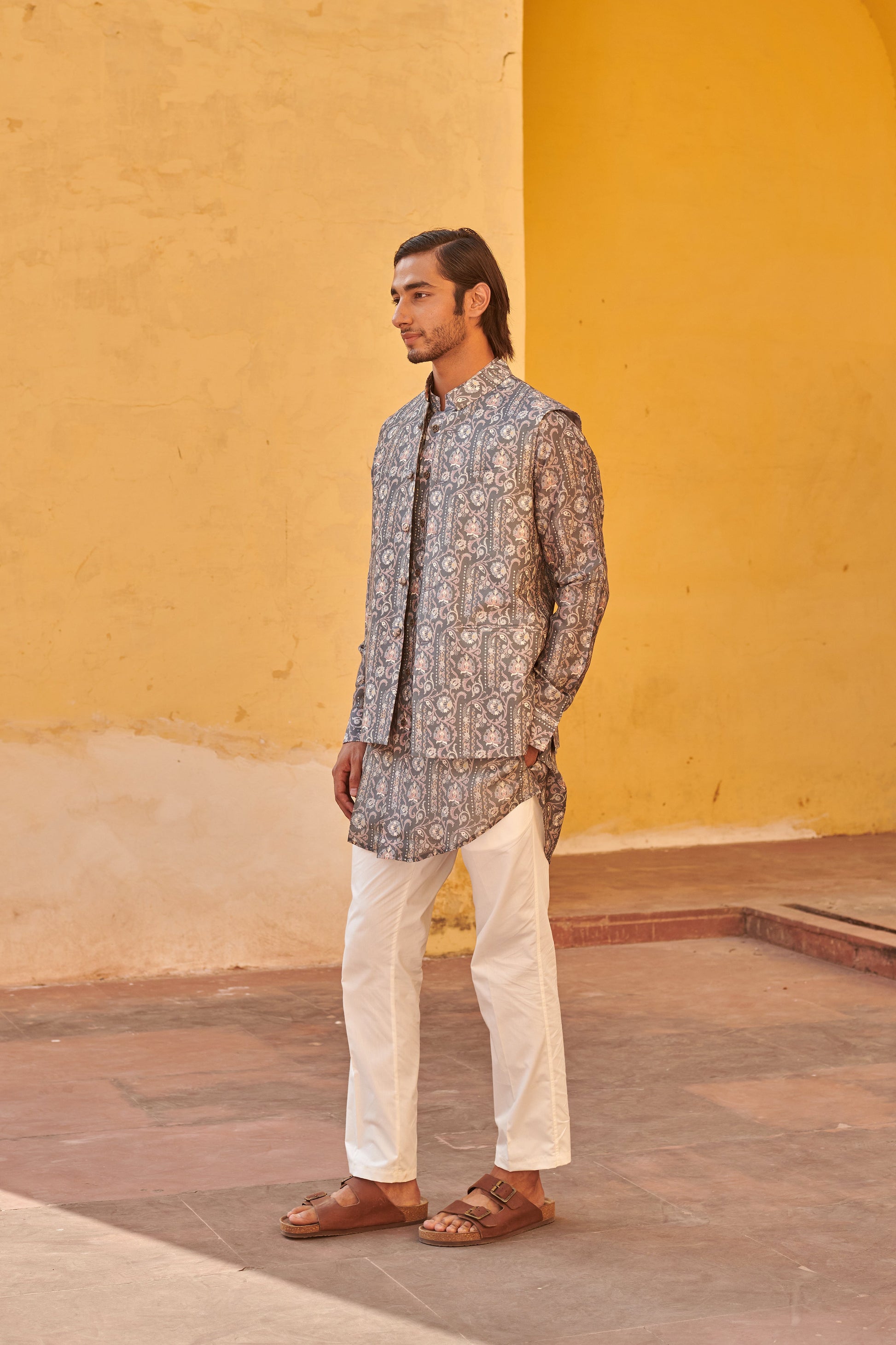 Stylish printed kurta and jacket for men by Stylera in a vibrant design