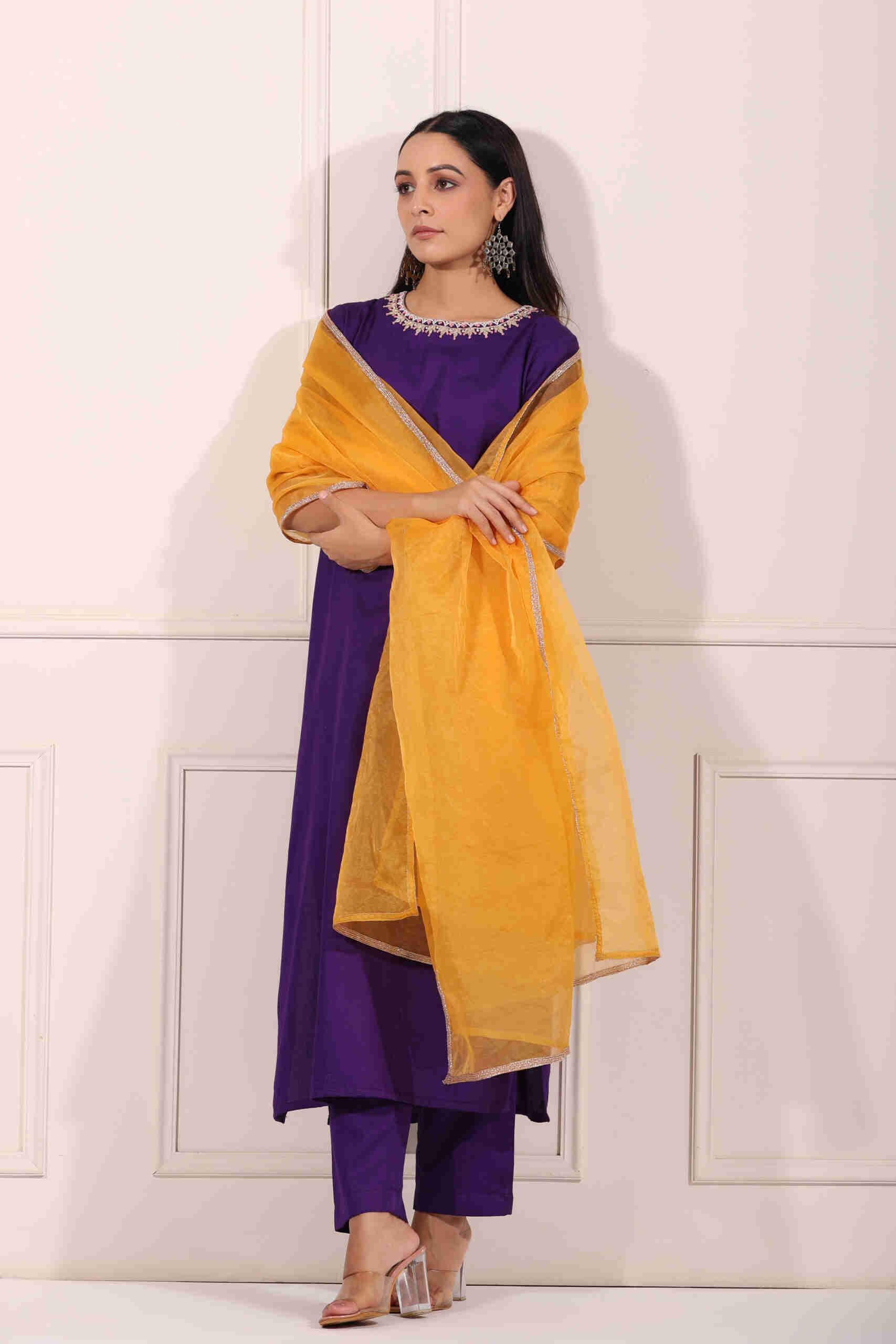 Stylera Purple and Yellow Ethnic Suit Set with Elegant Embroidery and Flowing Dupatta