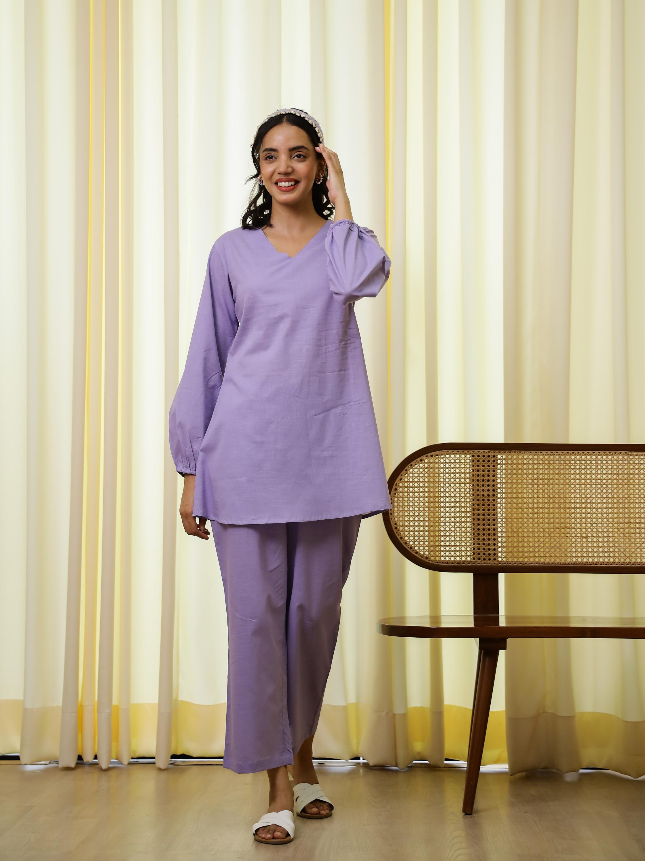 Stylish purple cotton co-ord set for women featuring a v-neck top and loose pants