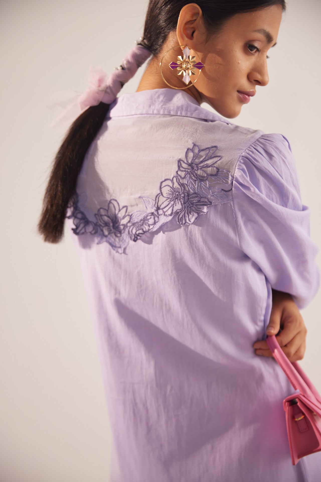 Stylera purple embroidered event dress with floral back design and puff sleeves