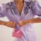 Stylera purple embroidered event dress with floral lace details and puff sleeves
