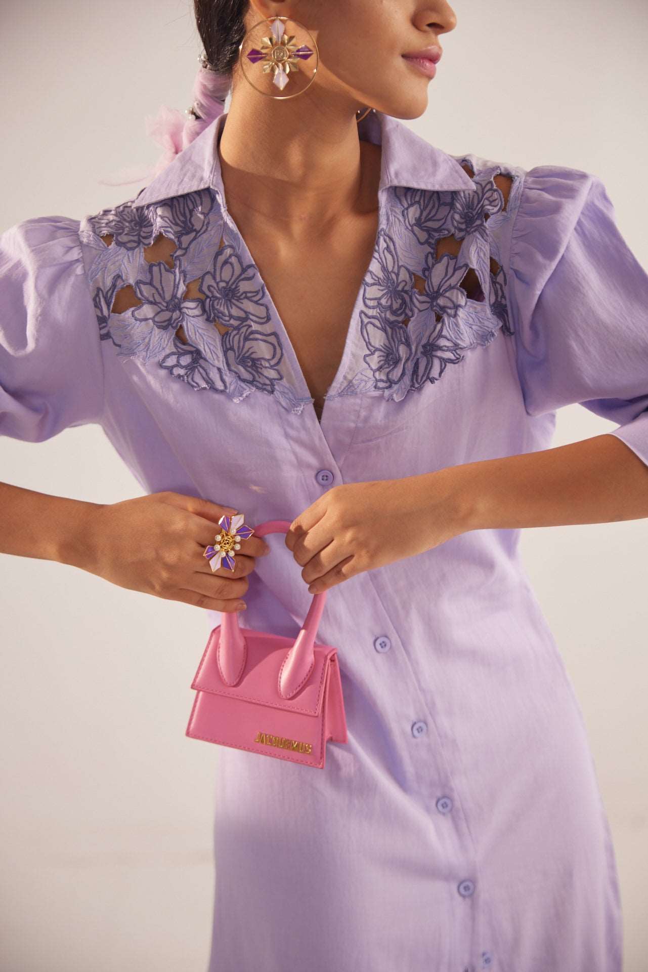 Stylera purple embroidered event dress with floral lace details and puff sleeves