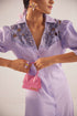 Stylera purple embroidered event dress with floral lace details and puff sleeves
