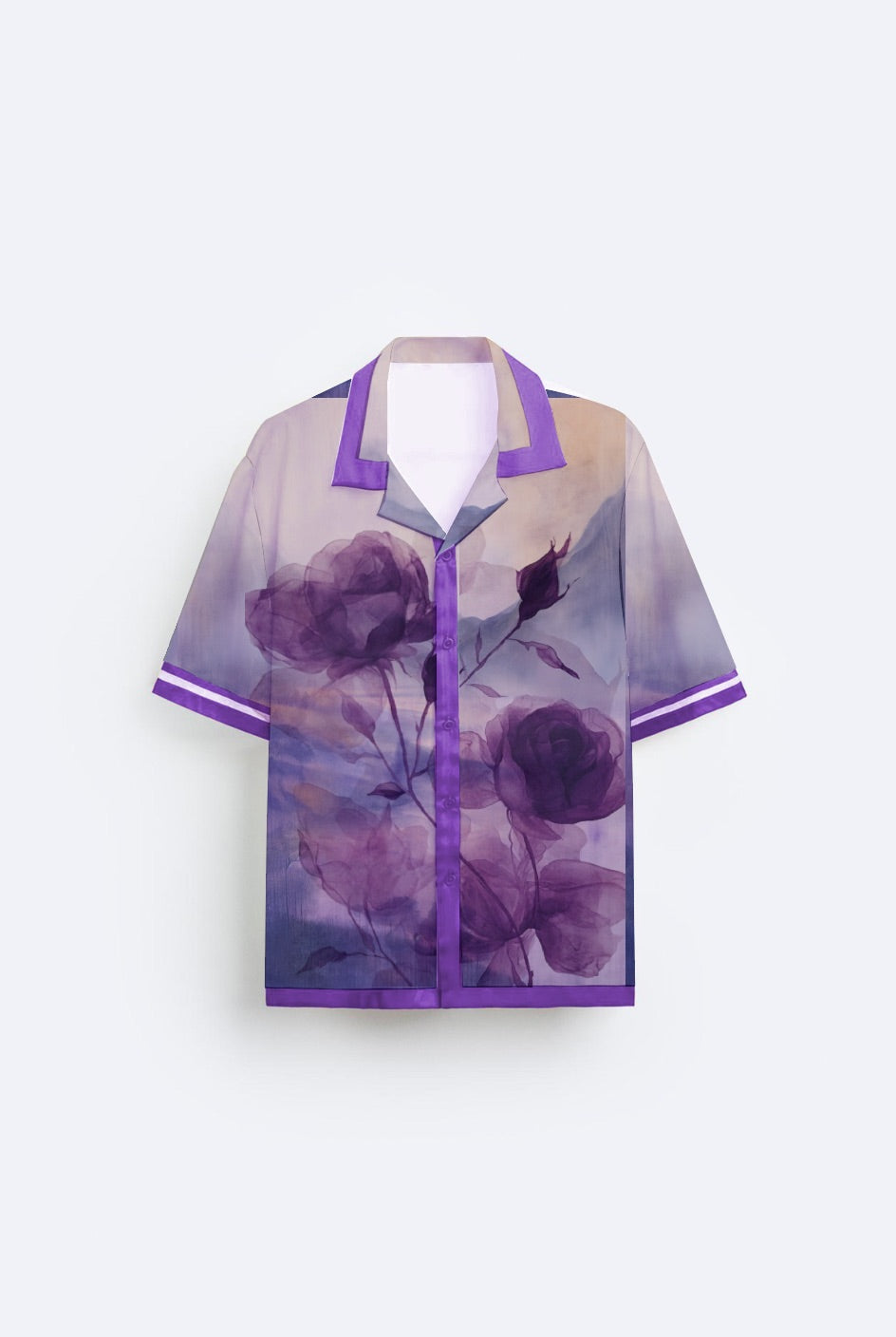 Stylera purple resort shirt for men with watercolor floral print short sleeves contrast collar and trim