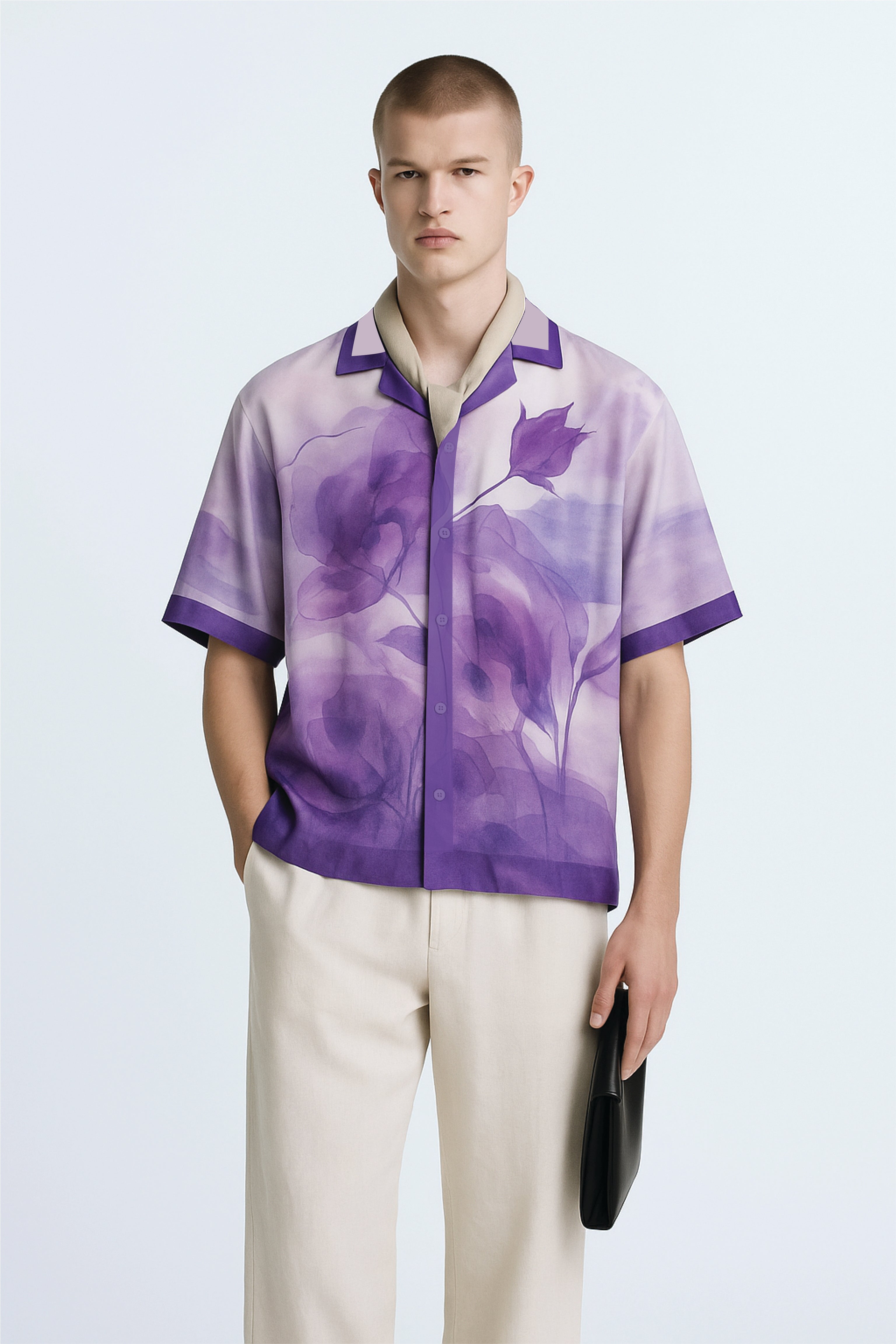 Stylera purple resort shirt for men featuring watercolor floral print short sleeves and camp collar on model