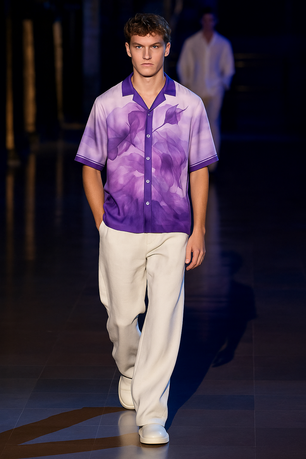 Stylera purple resort shirt for men floral short sleeve button front on male model walking runway with white pants