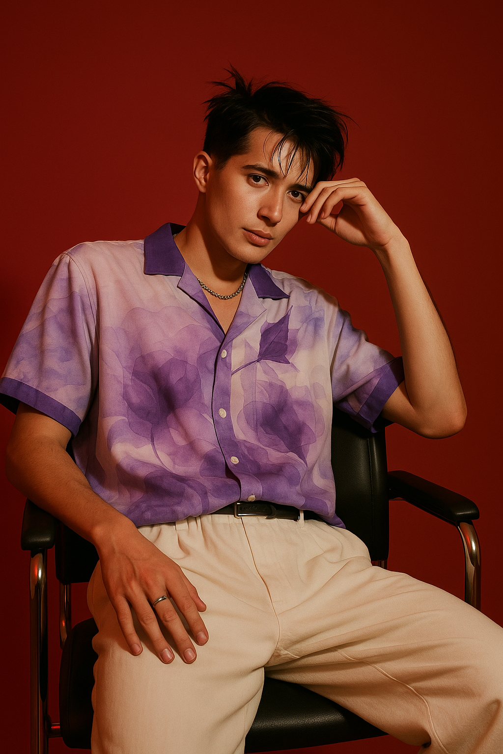 Stylera model wearing purple resort shirt for men floral print short sleeves collar seated in chair against red background