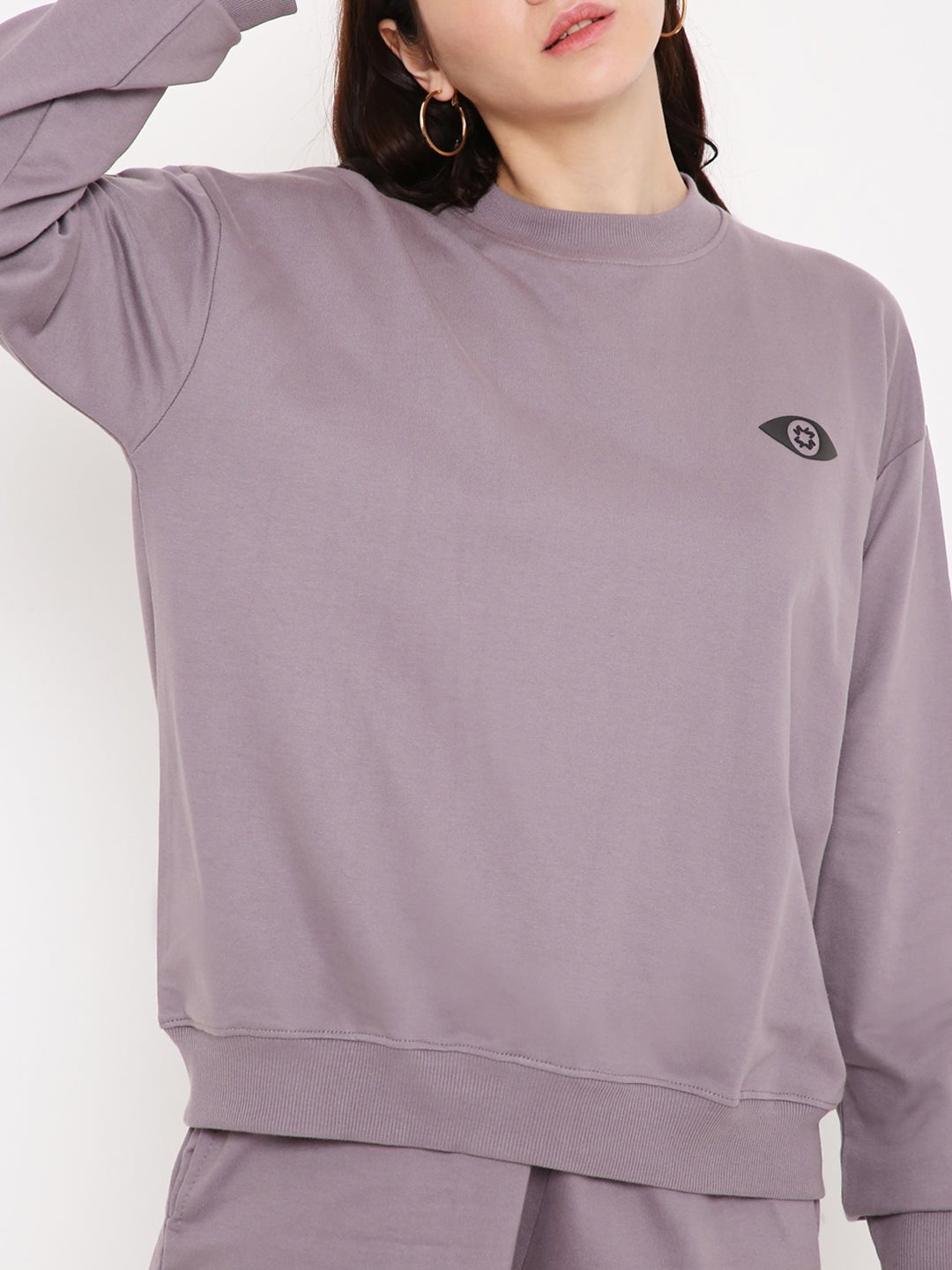 Stylera purple sweatshirt for women crewneck relaxed fit mauve pullover with small black logo