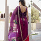 Elegant red and purple saree with handwork featuring intricate floral designs and a stylish back bow