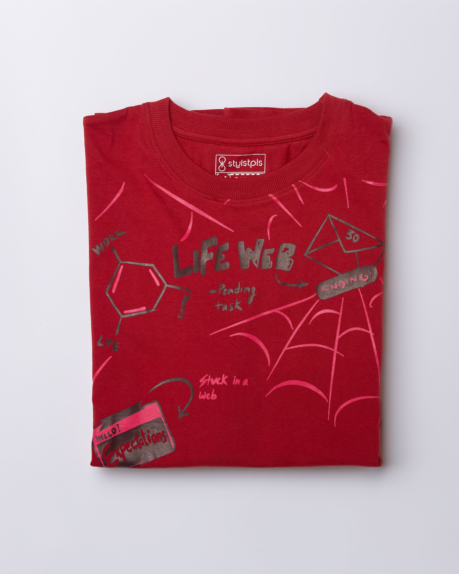 Red bold print casual tee for men featuring a unique life web graphic design