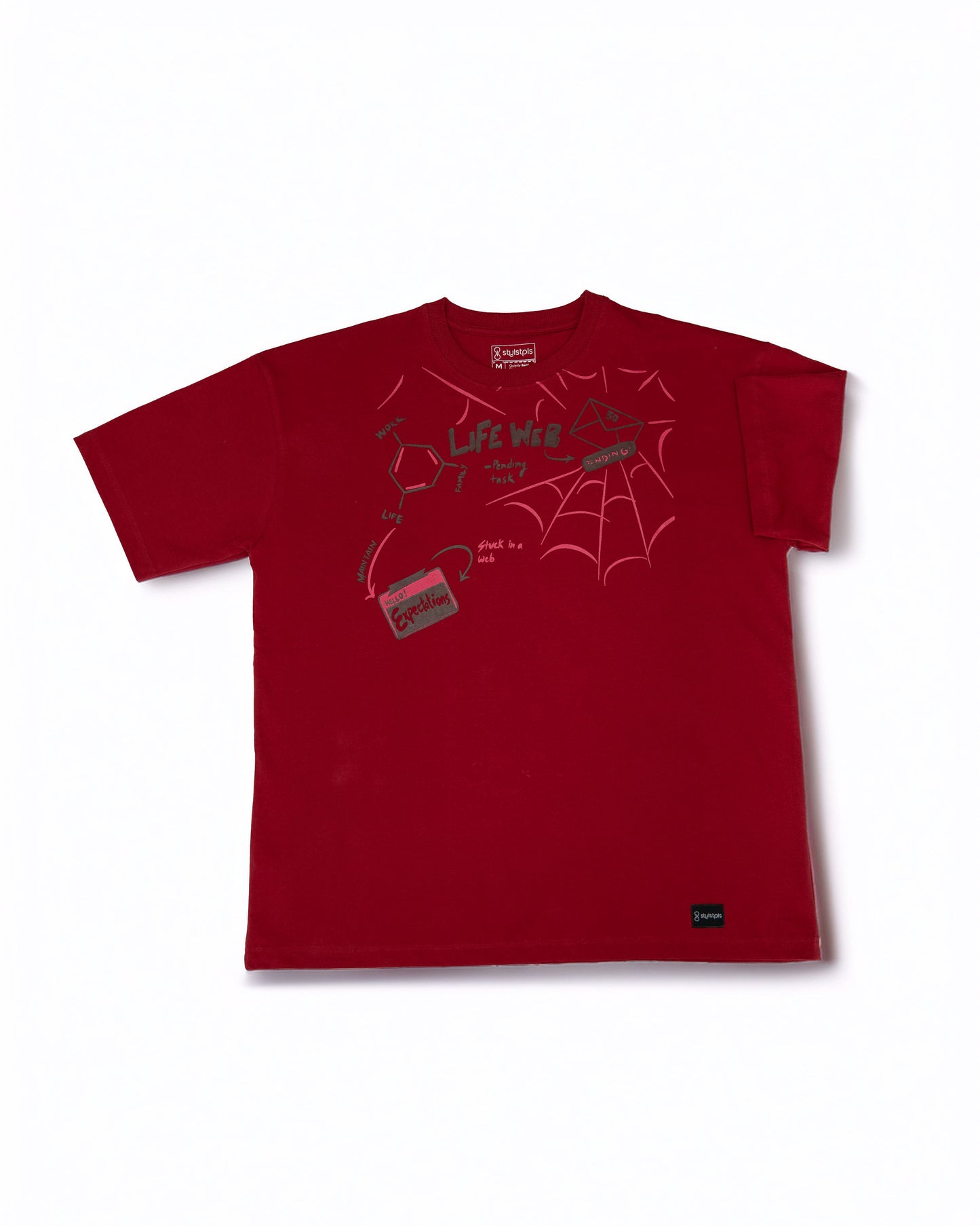 Red bold print casual tee for men featuring unique graphic design and comfortable fit