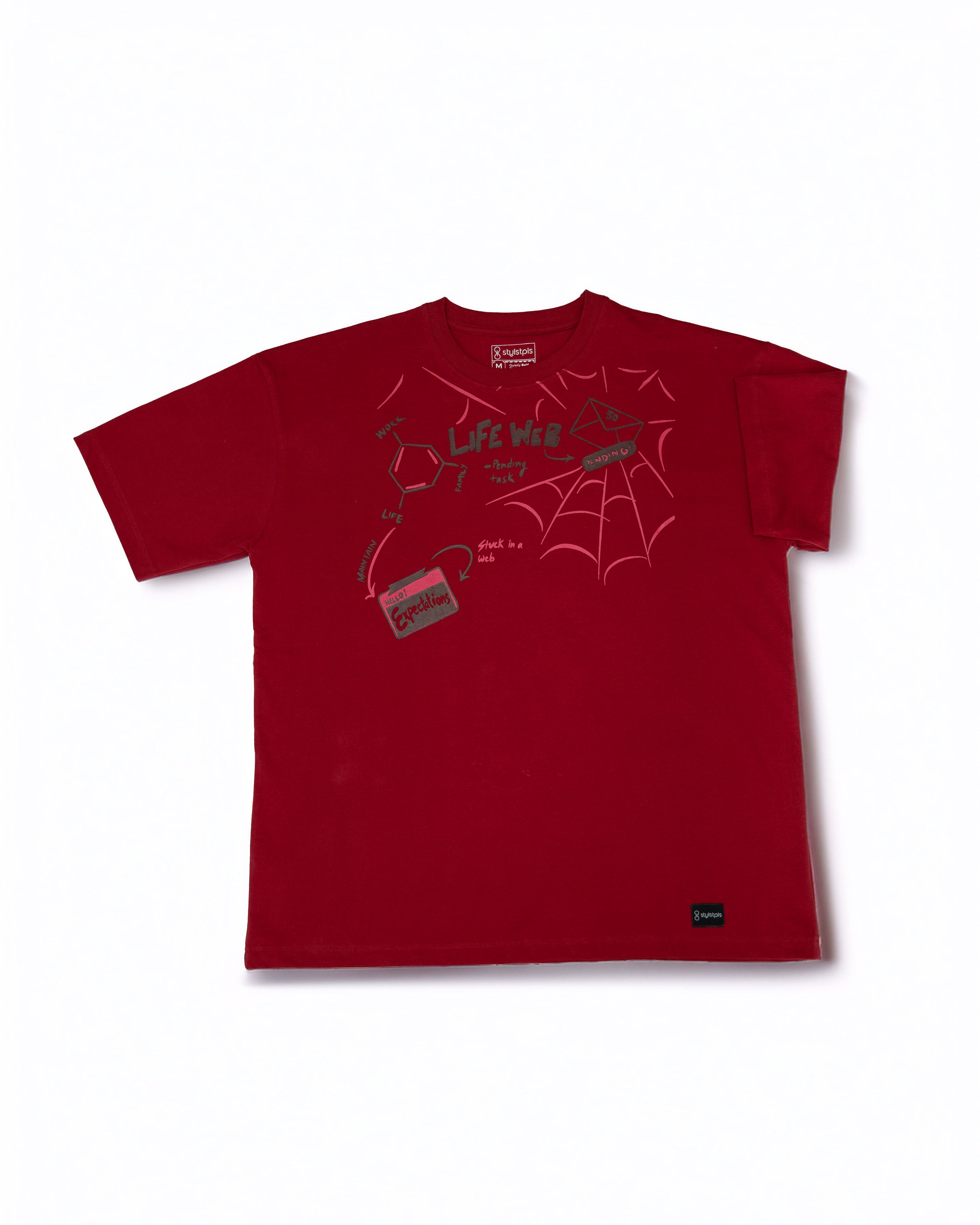 Red bold print casual tee for men featuring unique graphic design and comfortable fit