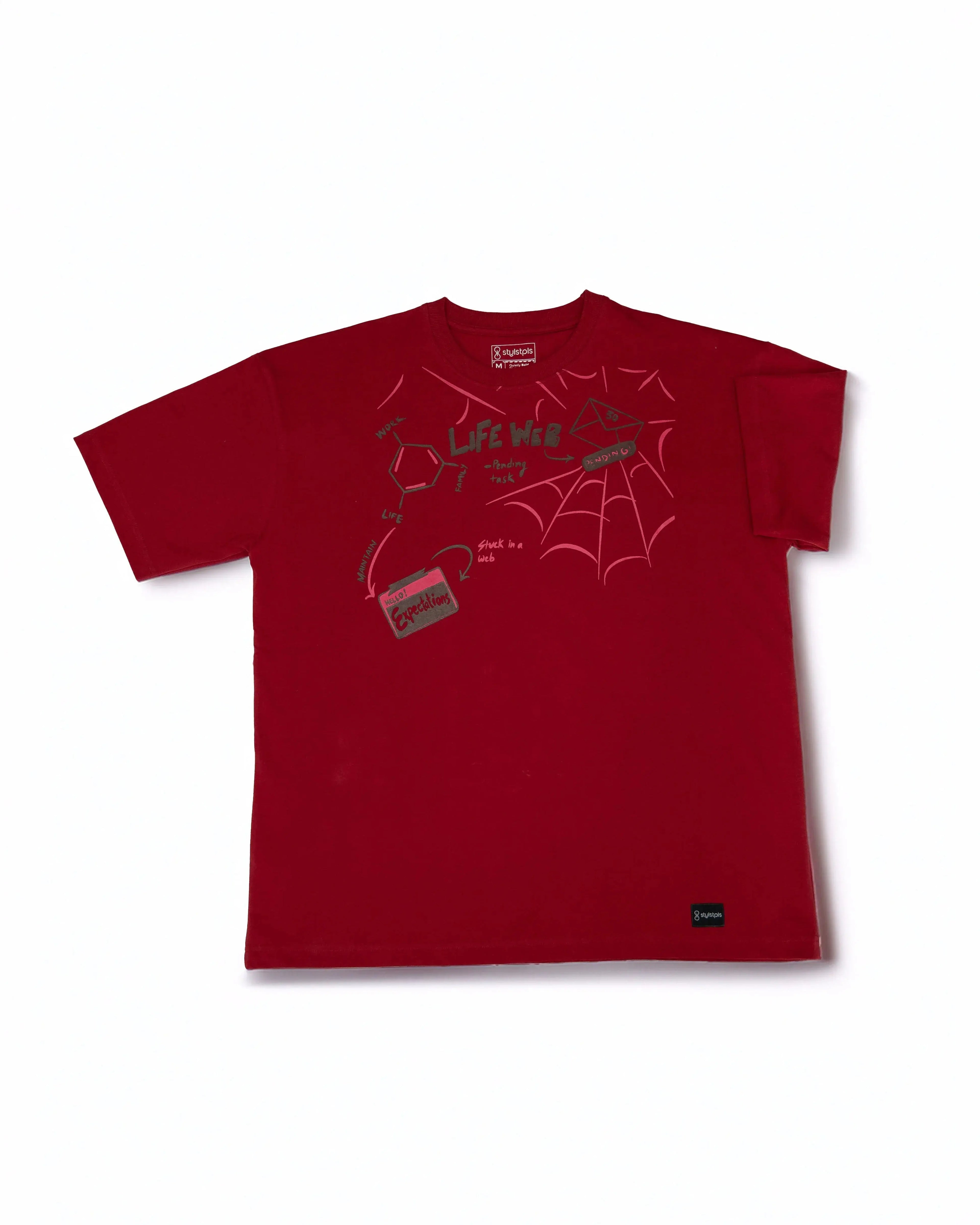 Red bold print casual tee for men featuring unique graphic design and comfortable fit