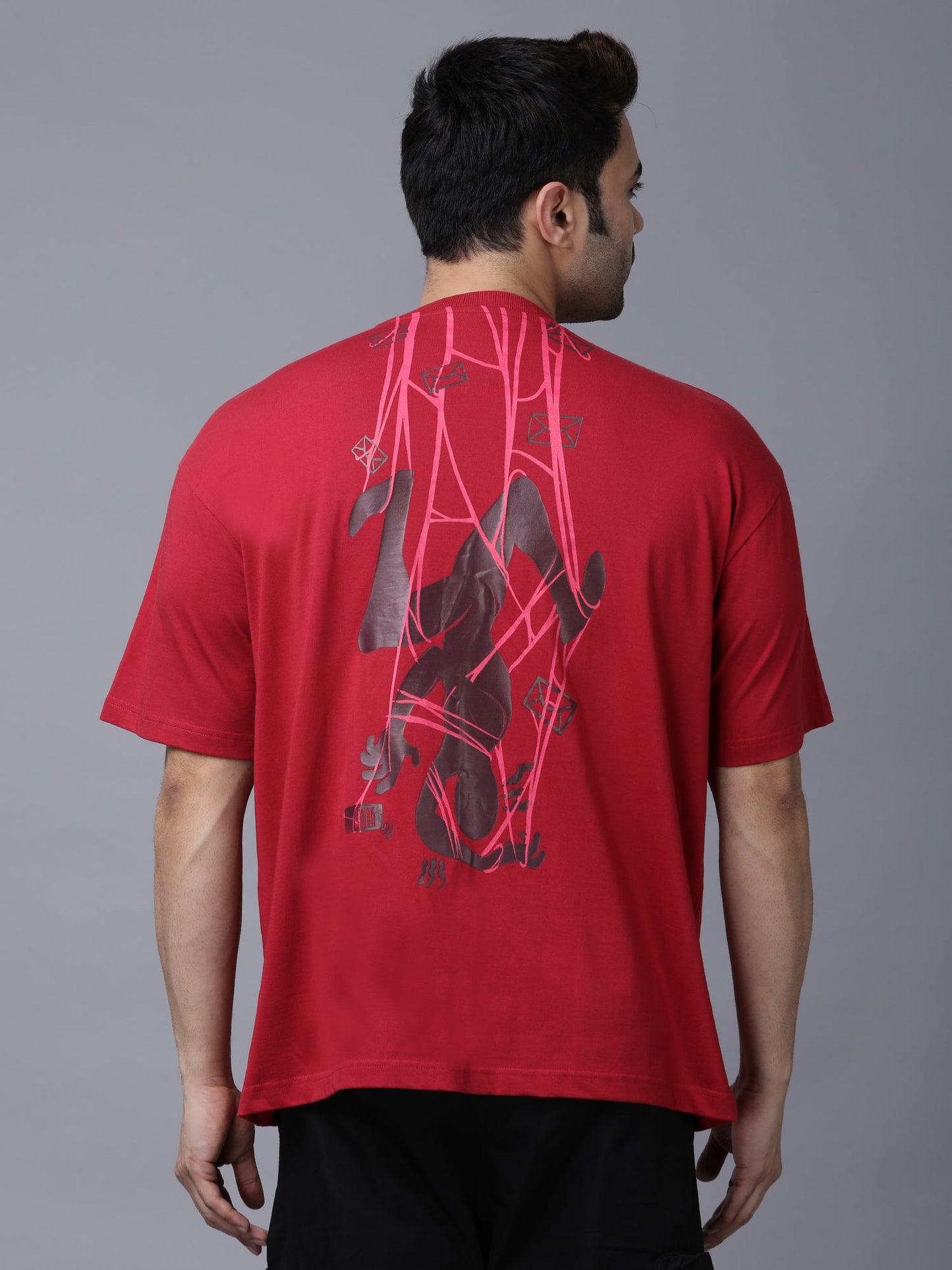 Stylstpls red bold print casual tee for men featuring a unique graphic design on the back