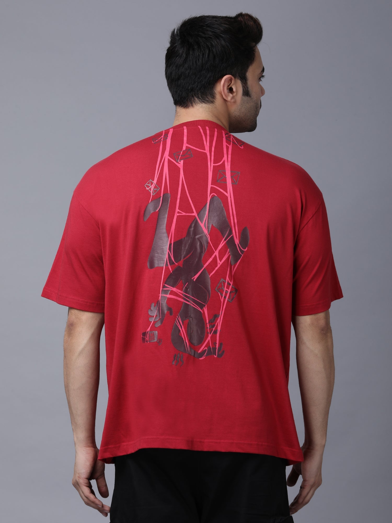 Stylstpls red bold print casual tee for men featuring a unique graphic design on the back