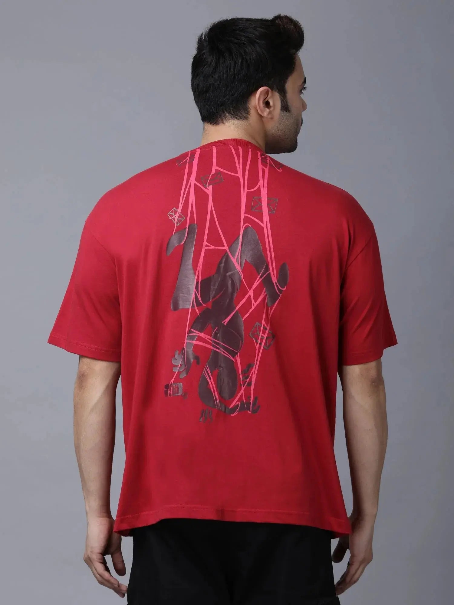 Stylstpls red bold print casual tee for men featuring a unique graphic design on the back