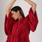 Stylish red casual summer dress for women with balloon sleeves and button detailing