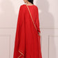 Back view of a red festive Anarkali gown with elegant draping and a gold border