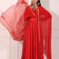 Elegant red festive Anarkali gown with flowing sheer dupatta and stylish design for special occasions