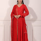 Elegant red festive Anarkali gown with a layered silhouette and matching dupatta for special occasions
