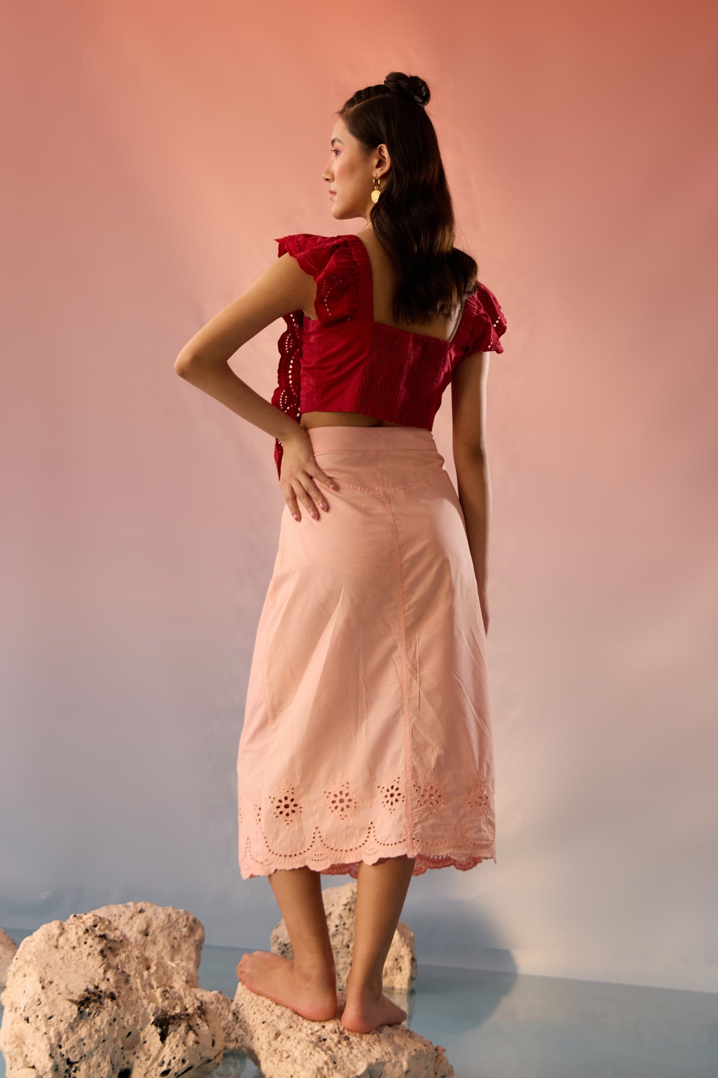 Stylera red top and skirt matching set with ruffled sleeves and eyelet detailing on skirt