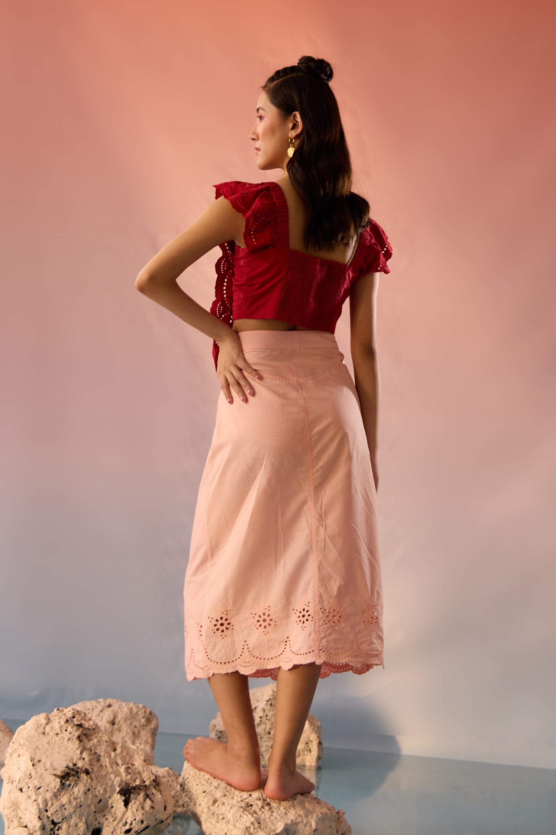 Stylera red top and skirt matching set with ruffled sleeves and eyelet detailing on skirt
