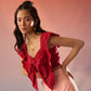 Stylera red top and skirt matching set featuring a red eyelet lace top and light pink skirt