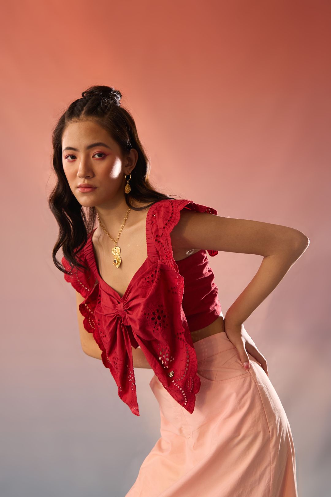 Stylera red top and skirt matching set featuring a red eyelet lace top and light pink skirt