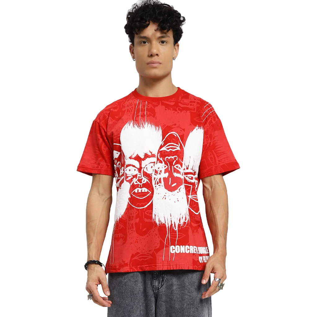 Static Jungle Round Neck Printed Red T-Shirt FLYAF