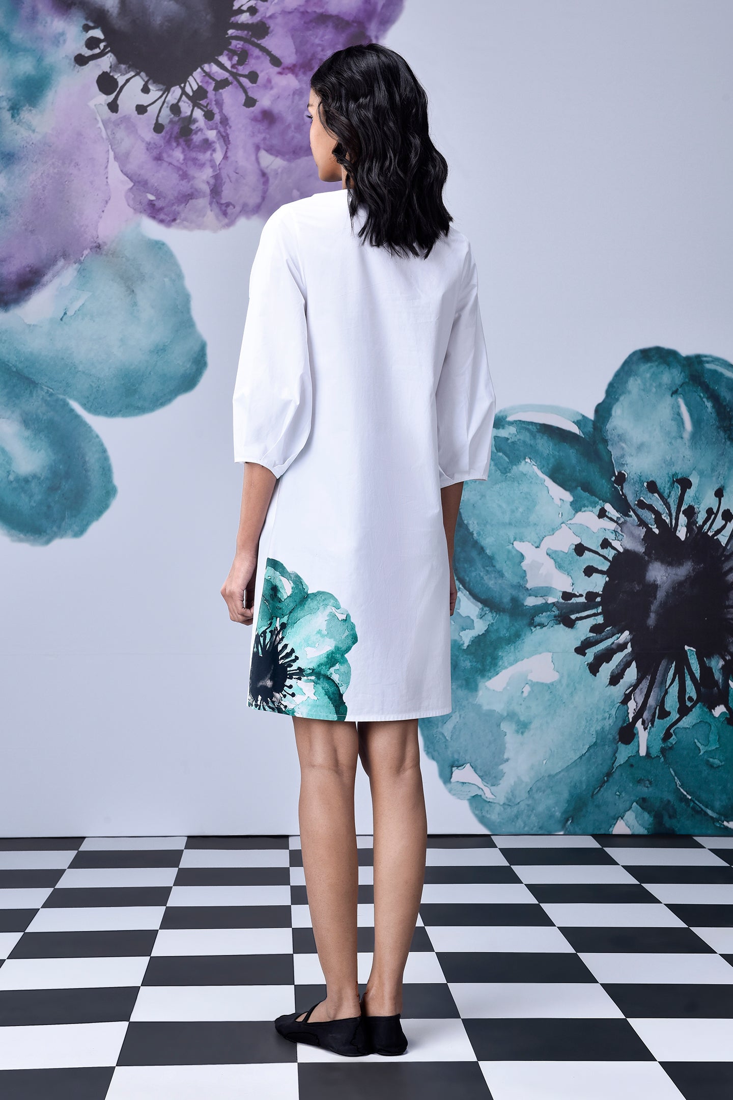 Stylera white knee length dress back view with teal floral print regular fit casual dresses for women