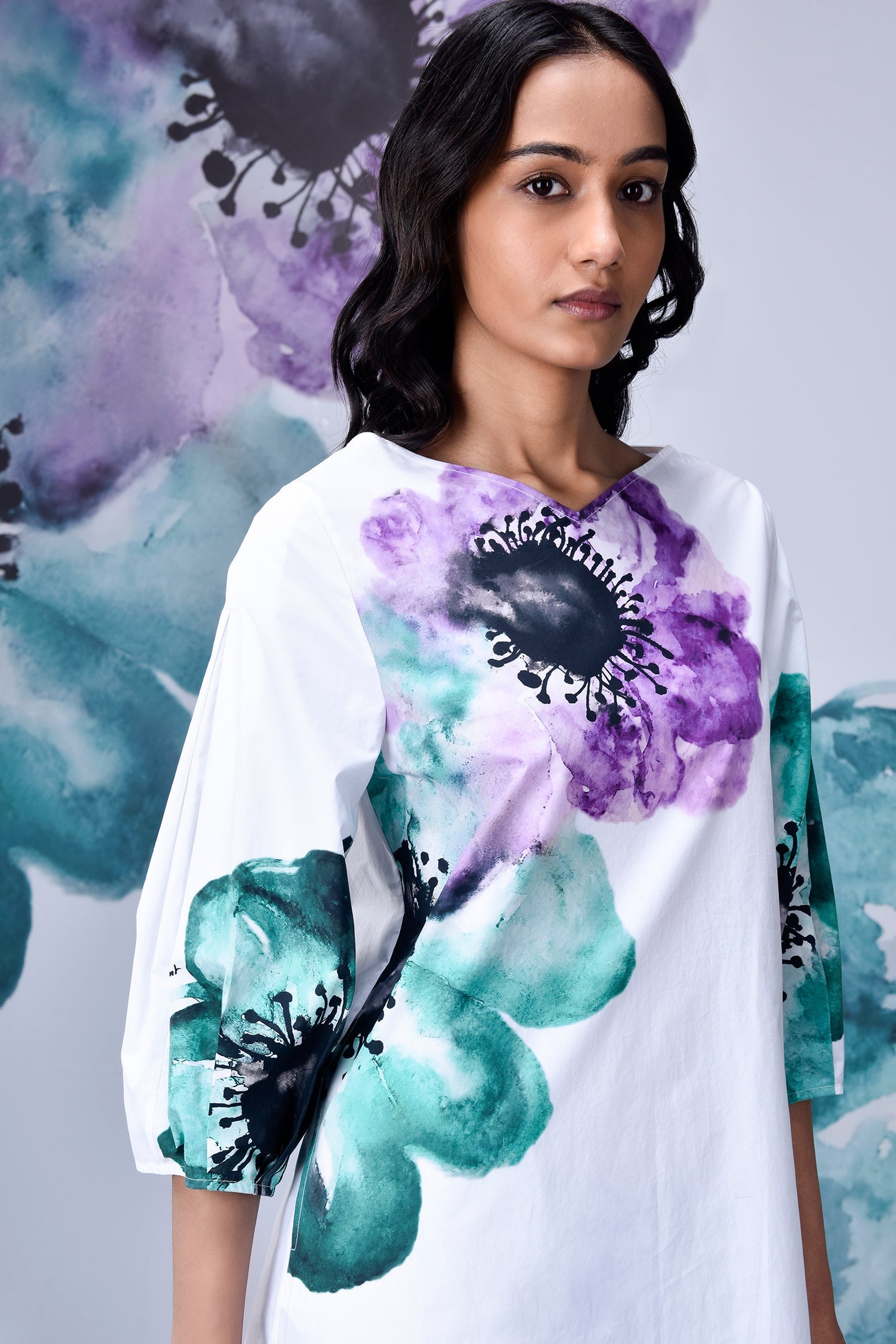 Stylera white dress with teal and purple watercolor floral print sleeves regular fit casual dresses for women