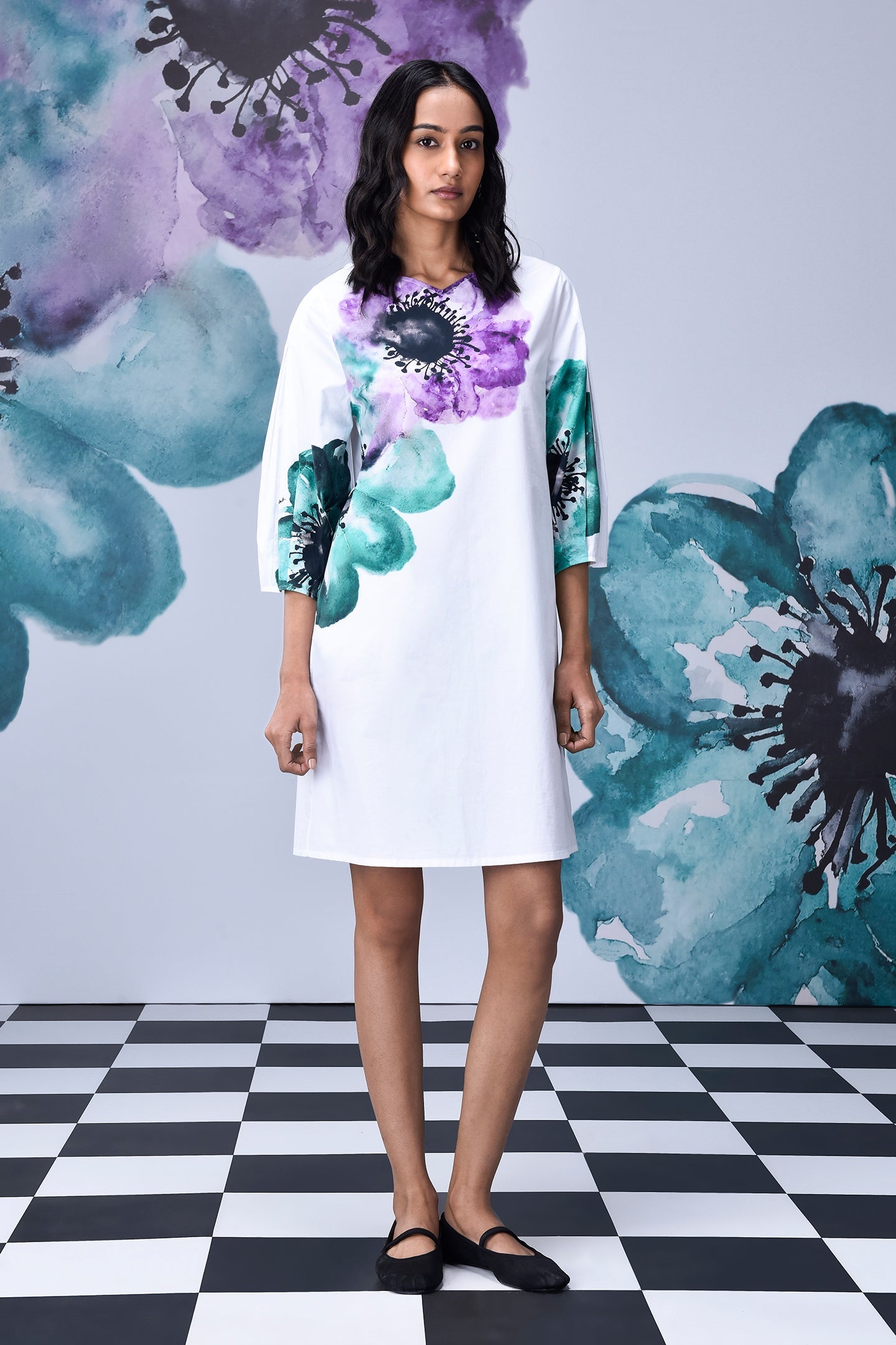 White shift dress with purple and teal watercolor blooms regular fit casual dresses for women