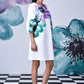 Stylera white knee length dress with purple and teal watercolor floral print regular fit casual dresses for women