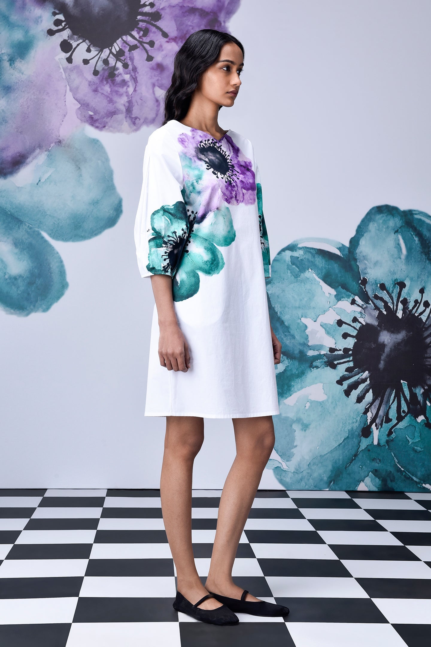 Stylera white knee length dress with purple and teal watercolor floral print regular fit casual dresses for women