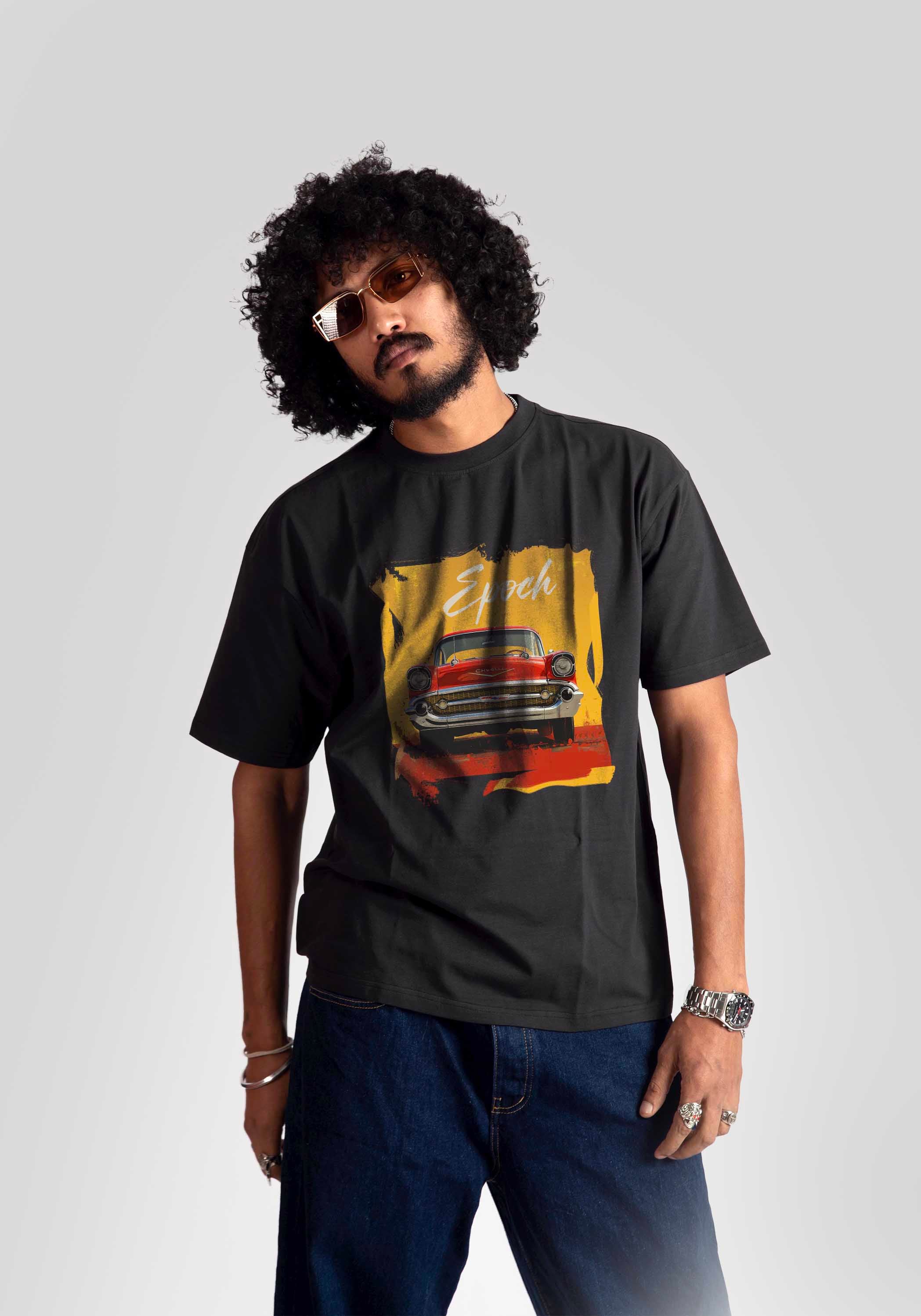 Stylera regular fit vintage car t-shirt in black worn by man with sunglasses and curly hair