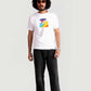 Man wearing Stylera regular fit white tee with colorful graphic and black pants