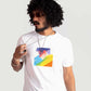 Stylera regular fit white tee with colorful graphic print worn by man with sunglasses