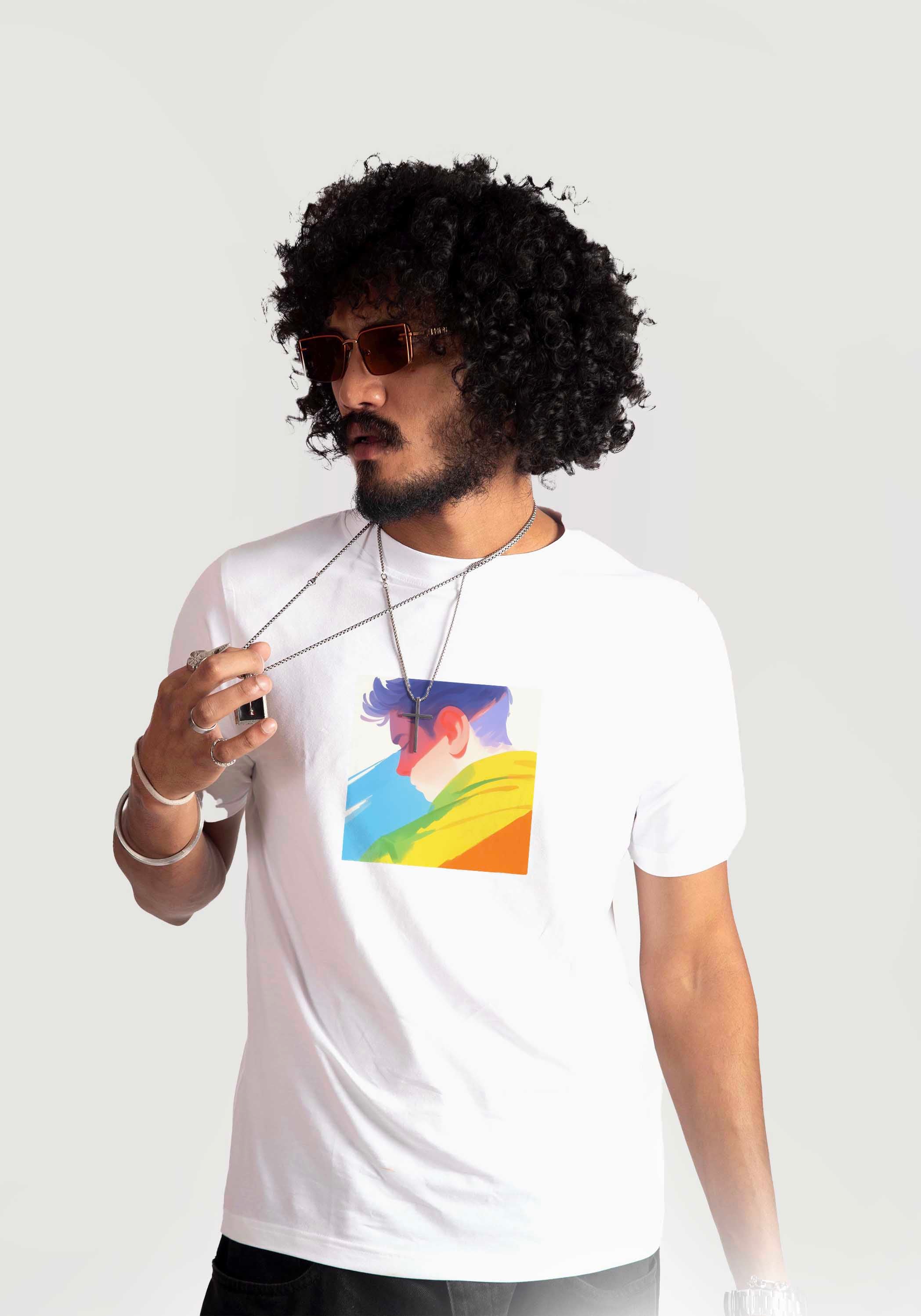 Stylera regular fit white tee with colorful graphic print worn by man with sunglasses