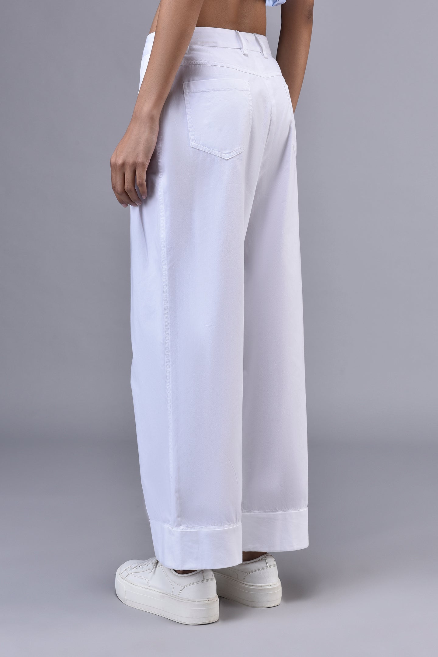Stylera white wide leg trousers back view with cuff and pocket relaxed fit cotton pants for women