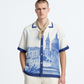 Stylera men's statement beach shirt cream with blue architectural print short sleeve camp collar
