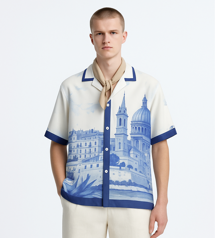 Stylera men's statement beach shirt cream with blue architectural print short sleeve camp collar