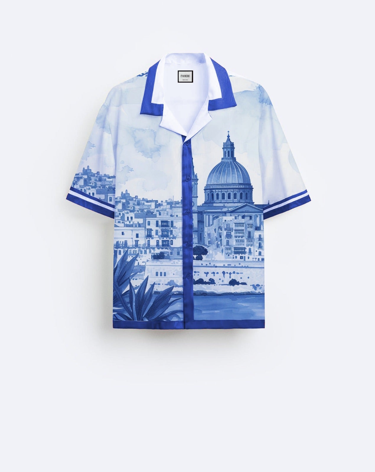 Stylera men's statement beach shirt blue and white cityscape print camp collar short sleeve