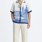 Stylera men's statement beach shirt short sleeve cream with blue architectural cityscape print