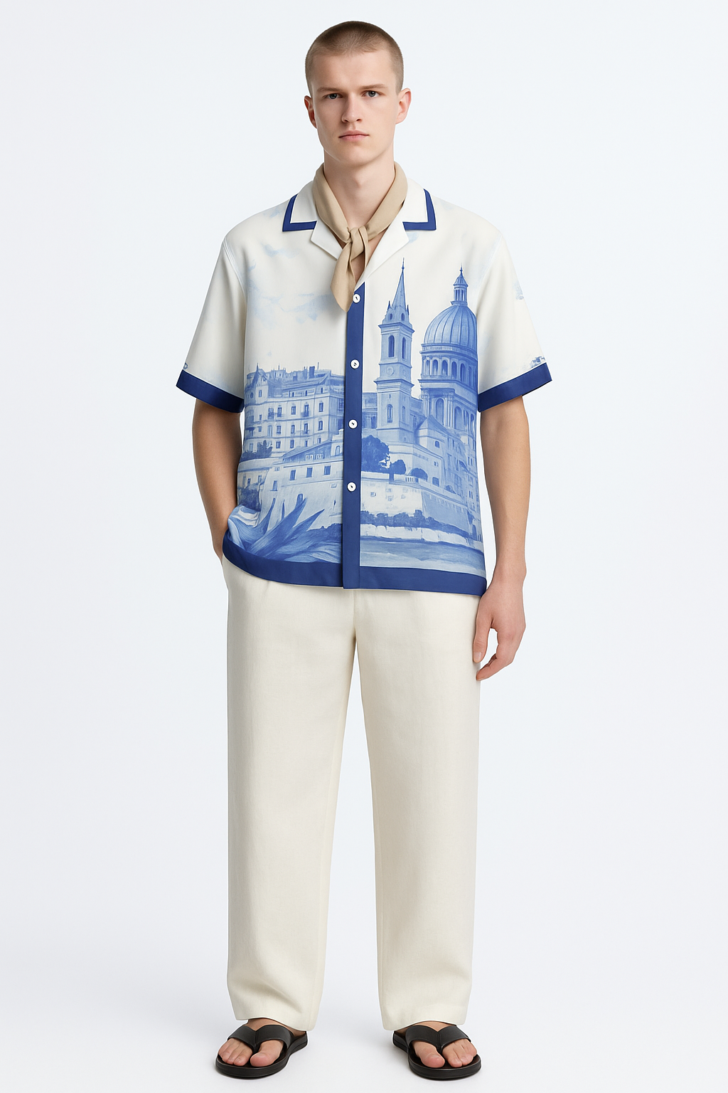 Stylera men's statement beach shirt short sleeve cream with blue architectural cityscape print