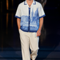 Stylera men's statement beach shirt white blue cityscape print short sleeve camp collar