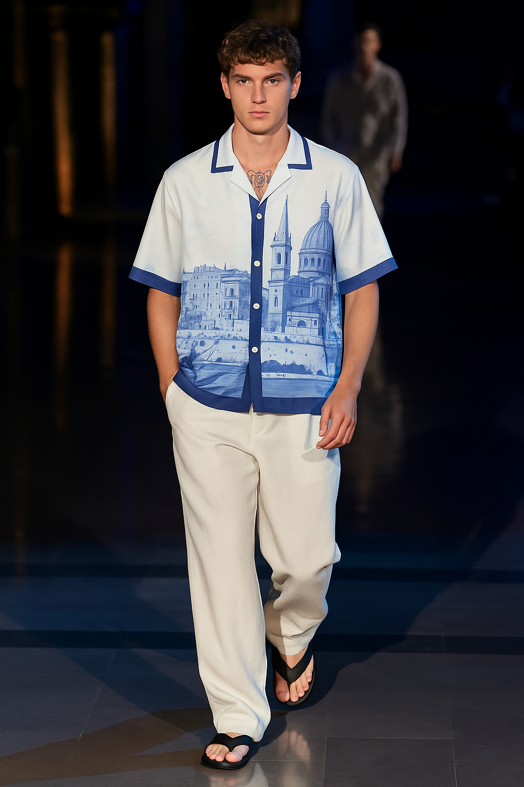 Stylera men's statement beach shirt white blue cityscape print short sleeve camp collar