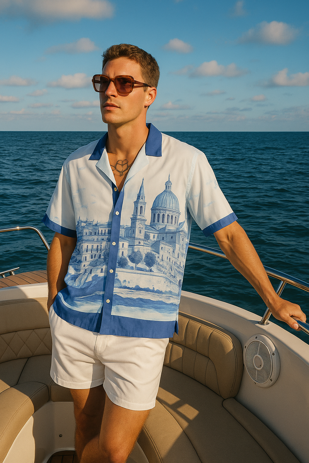 Stylera men's statement beach shirt featuring blue coastal city print, model on boat wearing sunglasses