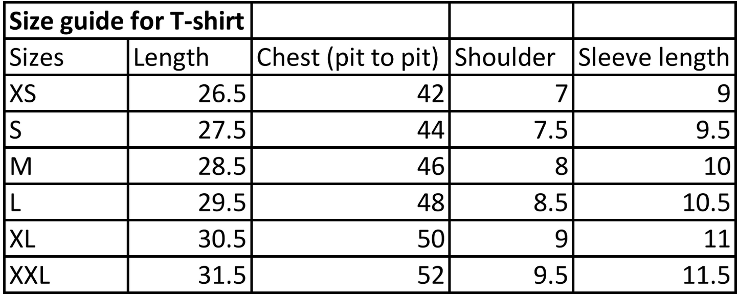 Stylera retro blue oversized t-shirt size guide chart showing XS to XXL length chest shoulder sleeve measurements